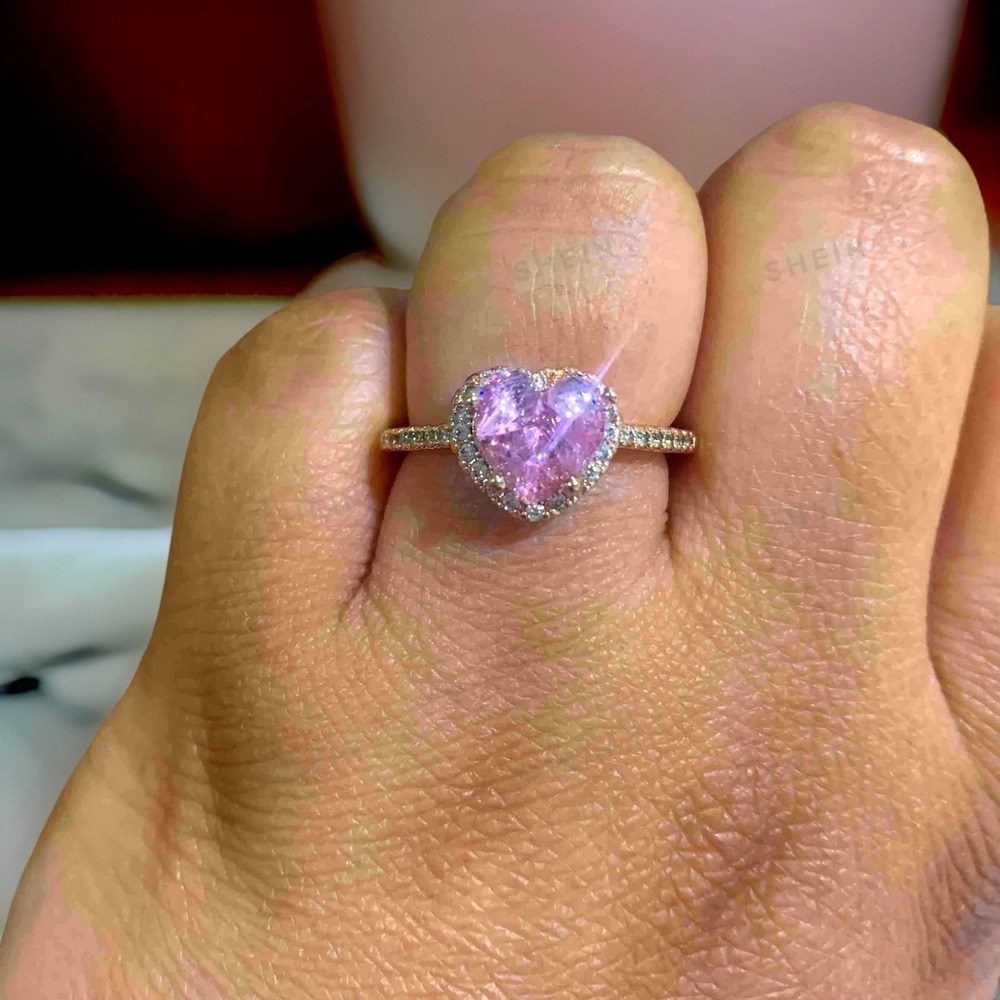 New Size 7 Pink Heart Shaped Ring Gold Clear White Cubic Zirconia Love - Picture 3 of 5